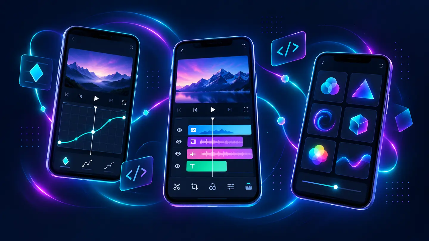 Original graphic showing keyframe curves, layered timelines, and effect cards